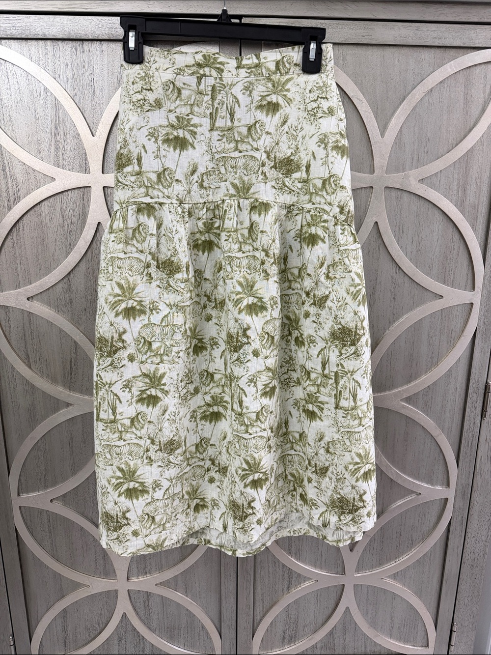 Rachel Zoe Women’s Green Toile Print Tiered Skirt 100% linen